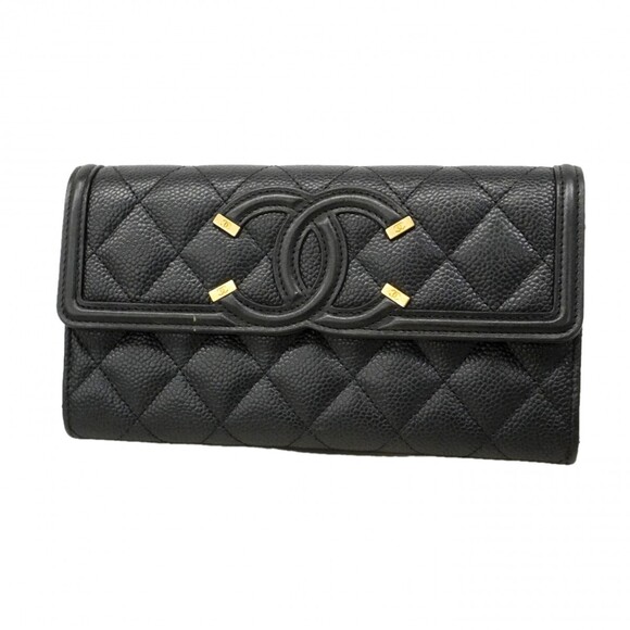 Chanel CC Filigree Caviar Leather Long Wallet Black Women's